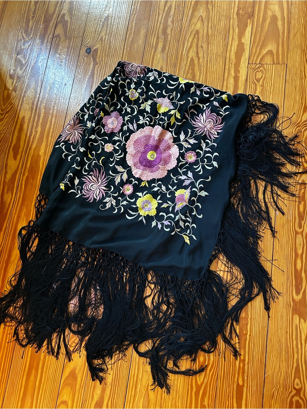 Vintage Embroidered Black Floral Shawl with Fringe